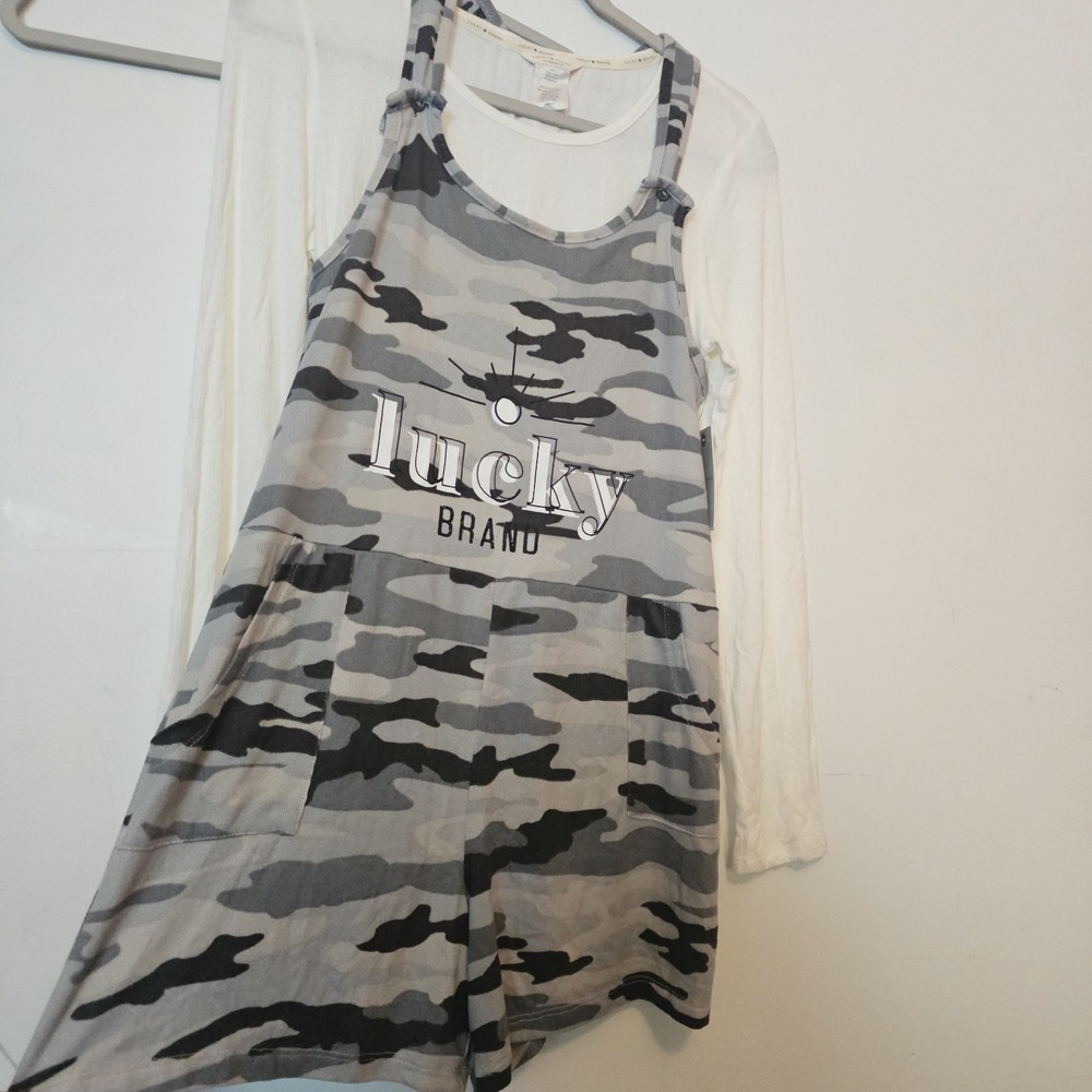 Lucky Brand Two Piece Medium Camo Romper White Long Sleeve Shirt NWT Rayon